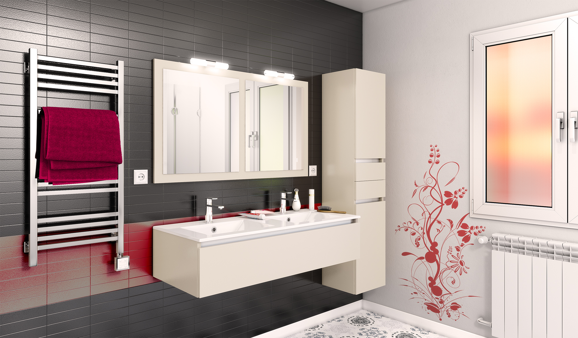 Salle de bain beige avec miroir éclairant